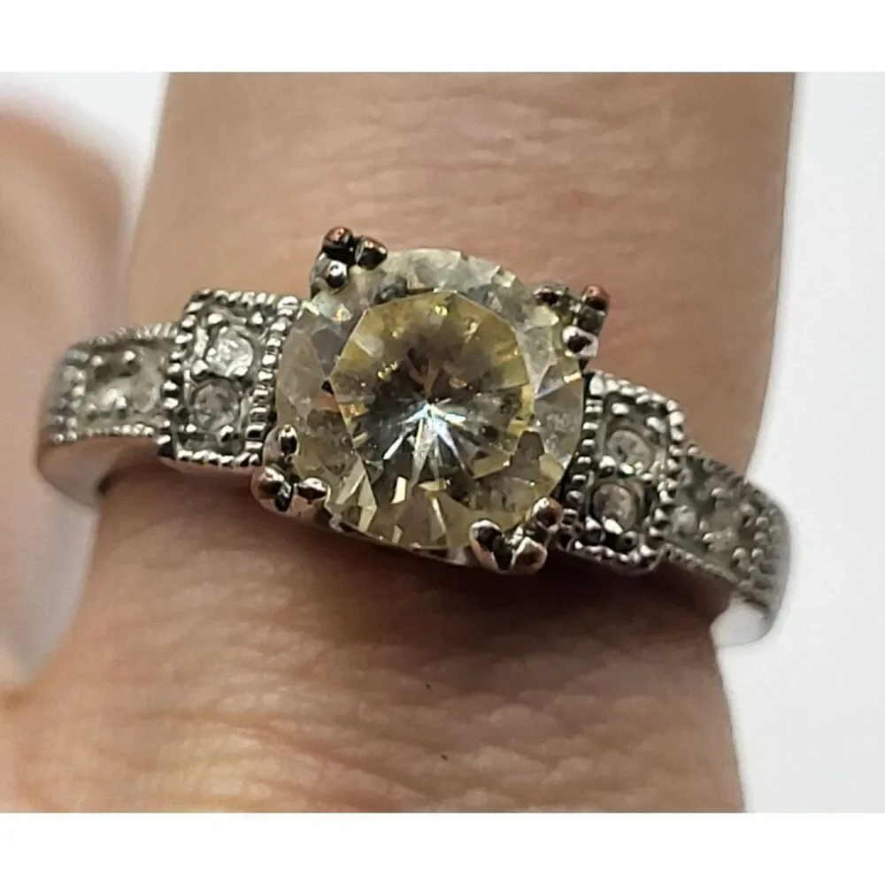 Citrine Prong Set Marcasite Ring Solitaire Size 8